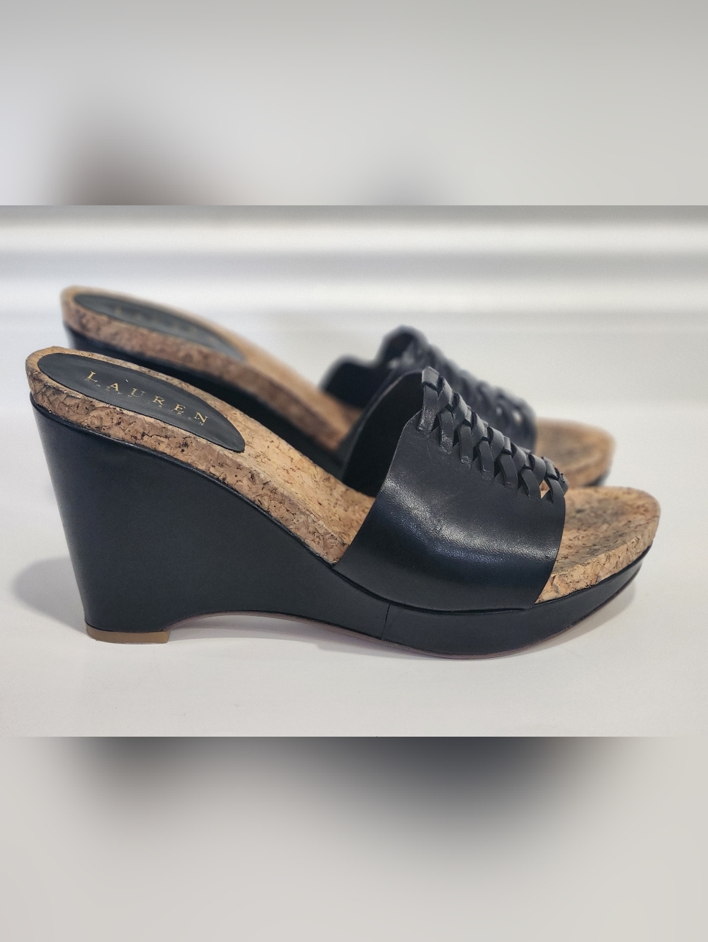Lauren Ralph Lauren Juanita Black Vachetta Leather Wedge Sandals
